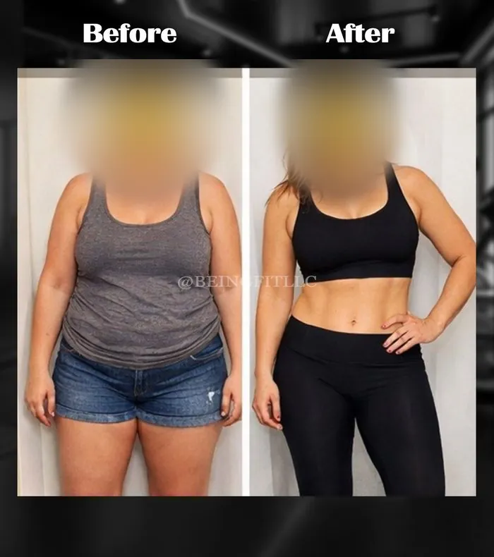 Being Fit client body transformation 3, before and after, faces blurred for privacy