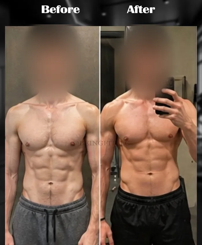 Being Fit client body transformation 6, before and after, faces blurred for privacy